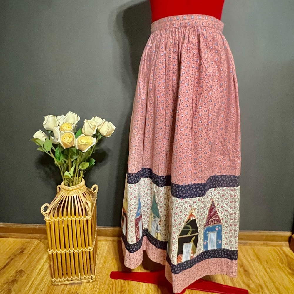 Vintage Country Flair Cottage House Print Prairie Skirt 100% Cotton Sz 12